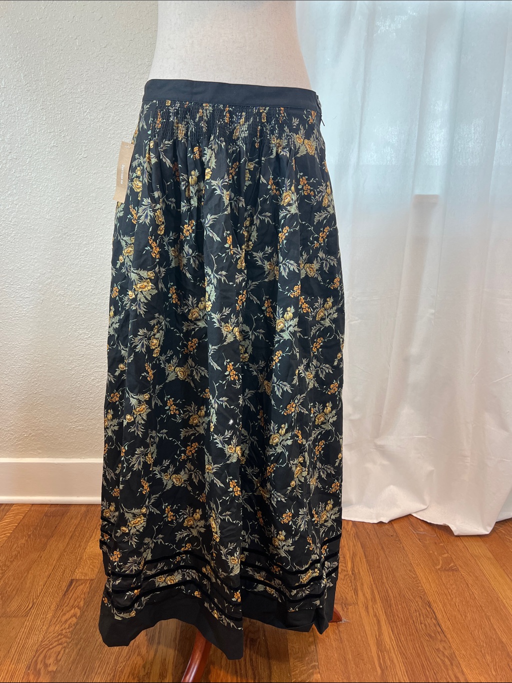 Sorella Atelier Viola Black Cotton Maxi Skirt With Yellow Floral Print Sz 10 Nwt